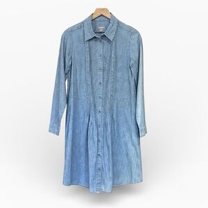 J. Jill Chambray Cotton Long Sleeve Pintuck Button Front Tunic Dress Size Small